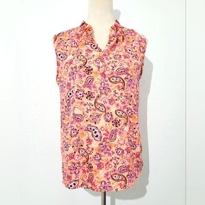 LOFT Women's Sleeveless Blouse Size Small Peach Pink Paisley Floral Ruffle Neck